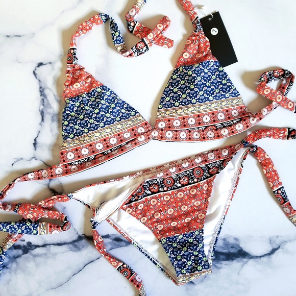 PLZ READ INFO IN DETAILS Boho Halter Bikini Top and Self-Tie Bikini Bottom Set - Picture 8 of 8